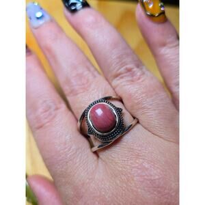 Size 9 Rhodochrosite Oval Stone Ring Pink Gemstone Statement Ring Silver Tone